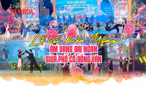 Phụ nữ H'Mông trong trang phục thêu tay quan sát và đáp lại tiếng khèn bằng điệu múa truyền thống