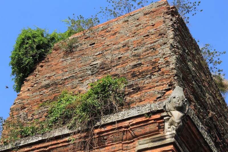 Chi tiết phù điêu thần Kala và hoa văn lá đề trên bề mặt gạch Tháp Đôi